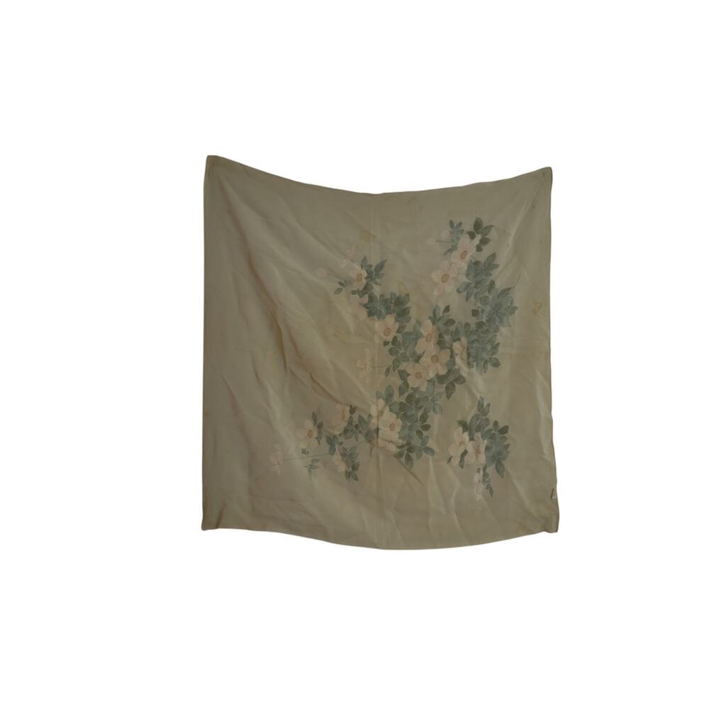 Vintage Cream Silk Scarf Pink Rose Floral Botanical Square Head Scarf 28x28